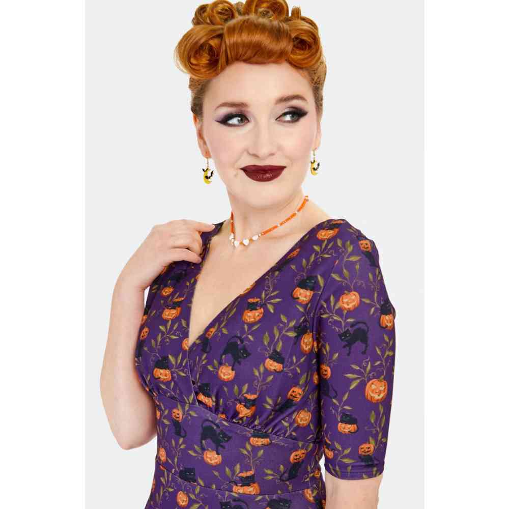 Voodoo Vixen - Cat And Pumpkin Print Flare jurk - Paars